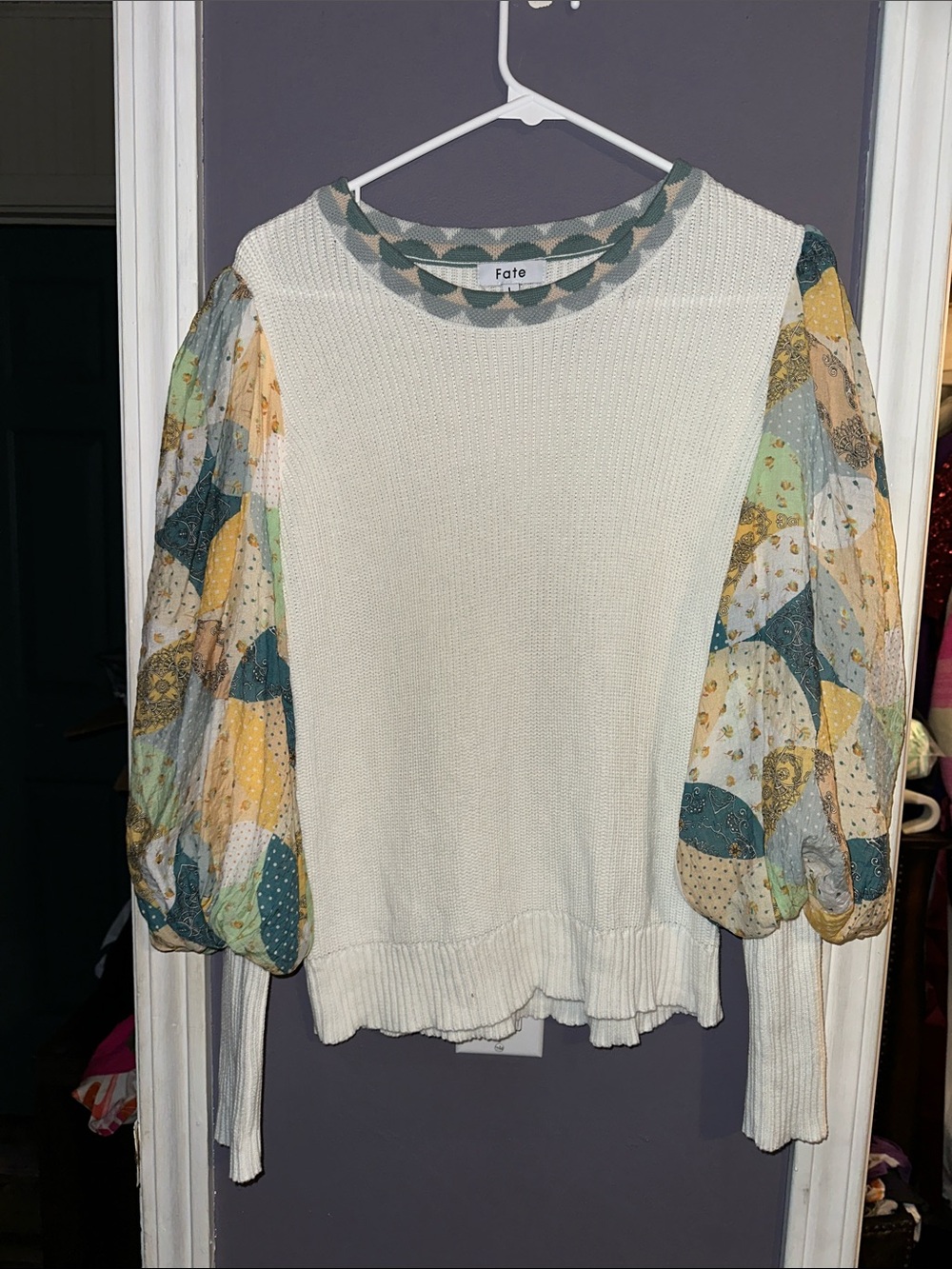 Fate Cream Sweater with Patchwork Puff Sleeves